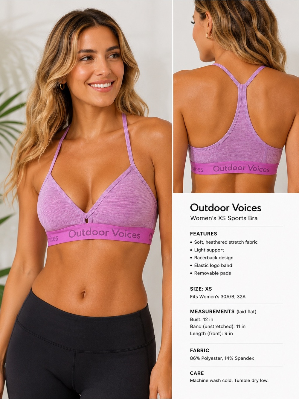 Outdoor Voices XS Heathered Pink Sports Bra Racerback Lightweight support